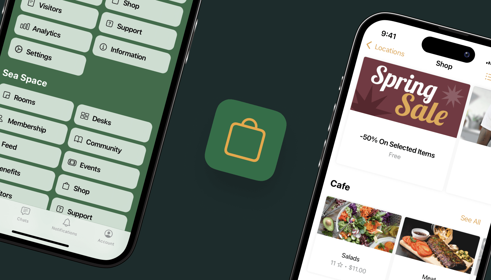 Main menu and Shop on Spacebring coworkig space app