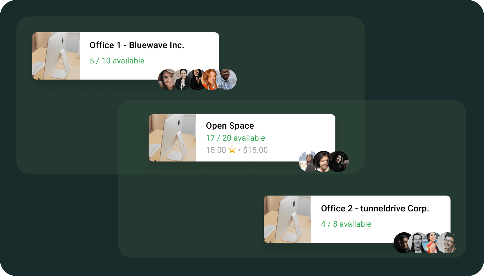 Availability of desks at a coworking space by office and in the open space on Spacebring coworking space software 