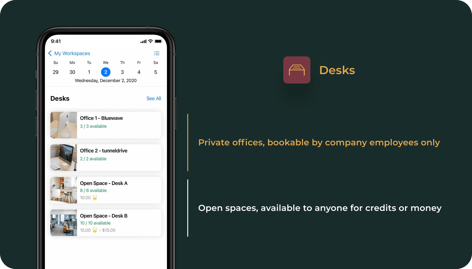 Desks in private offices and in the open space displayed on Spacebring coworking space app 