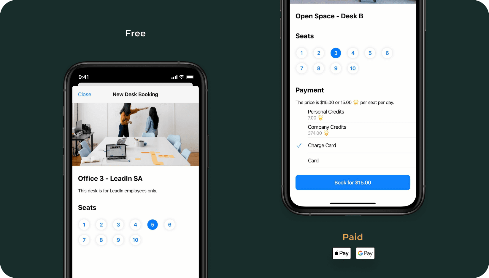 Free and paid desks displayed on Spacebring coworking space management app